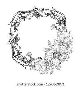 Bright black and white floral floral frame with magnolia flowers.