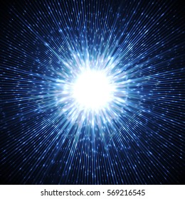 Bright blast in dark. Glowing star light. Vector illustration.