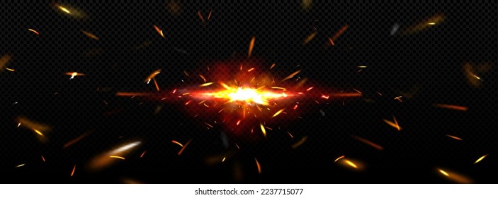 Bright blaze of fire with sparkles png on transparent background. Realistic vector illustration of abstract explosion or space blast with multiple yellow and orange burning particles flying in air