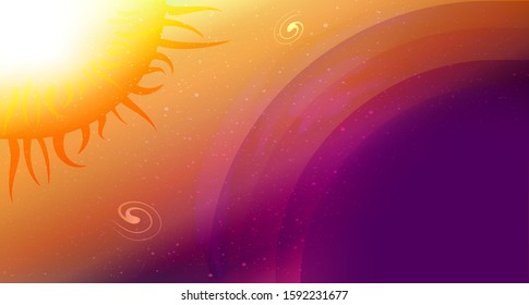 Bright blazing sun in space illuminates purple planet. Flat style. Many stars and cosmic particles. Atmosphere of distant planet. Galaxies.  Banner. Vector stock illustration. Copy space.