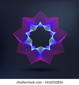 Bright blend star on dark background. Guilloche flower free vector. 3d object mesh. Night sky