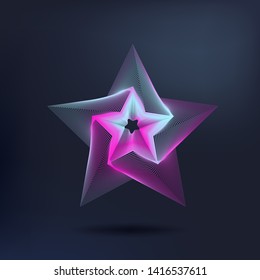 Bright blend star on dark background. Guilloche stars free vector. 3d object mesh. Night sky