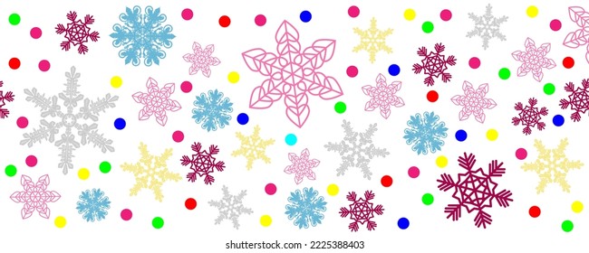 Bright blizzard of multicolored decorative snowflakes and multicolored lights of New Year's garlands. Christmas holiday banner for celebration decoration design.