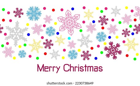 Heller Blizzard von mehrfarbigen Schneeflocken und mehrfarbigen Lichtern aus der Neujahrsgärtnerei. Fröhlicher Weihnachtstext. Feiertagsbanner für das Dekorationsdesign.