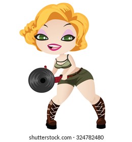 Bright blonde with a grinding machine in her hands