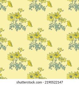 Bright blossom drawing botanical dandelion pattern, floral wallpaper. Cute flowers seamless background. Vector illustration graphic design for fashion, print, banner.Trendy yellow pastel colors