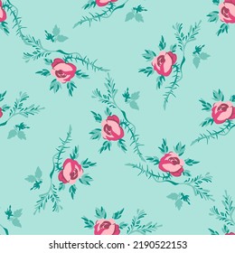 Bright blossom drawing botanical rose pattern, floral abstract wallpaper. Cute flowers seamless background. Vector illustration graphic design for fashion, print, banner.Trendy blue pink pastel colors