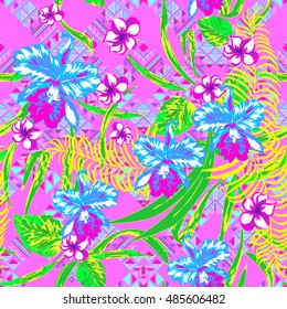 Bright blossom flowers pattern orchids. Vector Floral pattern seamless. Vibrant color flowers frangipani and green leaves on ethnic tribal diagonal ornament tie dye.