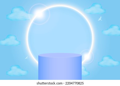 Azul brillante 3d representado Podium sobre fondo azul cielo con nubes y pájaros pintados de acuarela, anillo blanco brillante con lente. Studio Mock de cielos primaverales frescos con pilar. Plantilla de vectores.