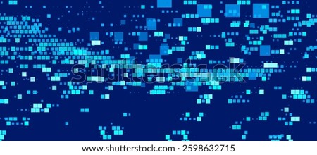 Bright blue abstract background with an array of blue squares of different sizes scattered across the canvas. The pattern invokes a sense of digital and technological advancement.