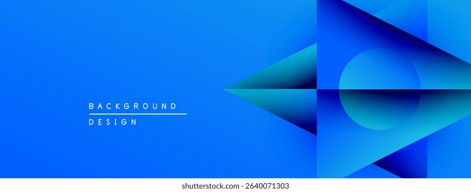Bright blue abstract background. Geometric shapes overlap creating dynamic visual effect. Modern design elements present.