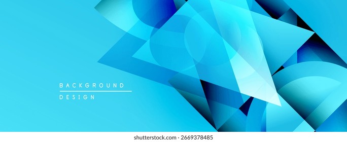 Bright blue abstract background. Geometric shapes overlap creating dynamic visual effect. Modern design elements present.