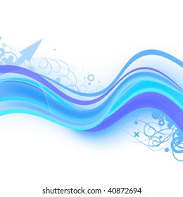 bright blue abstract background with wavy lines, ornament and arrow
