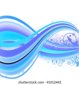 bright  blue abstract background with wavy lines, ornament and arrow