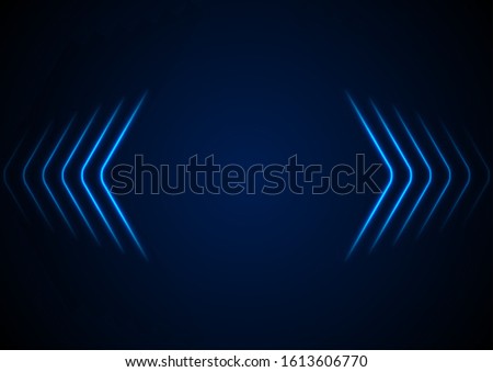 Bright blue abstract neon arrows tech graphic design. Futuristic laser sci-fi vector background