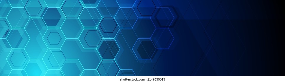 Bright blue abstract tech hexagonal geometrical background. Vector banner design