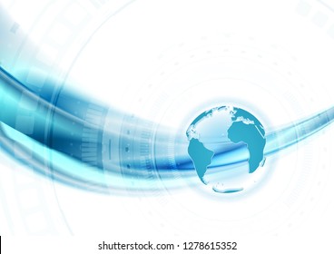 Bright blue abstract technology background with smooth waves and globe. Vector design