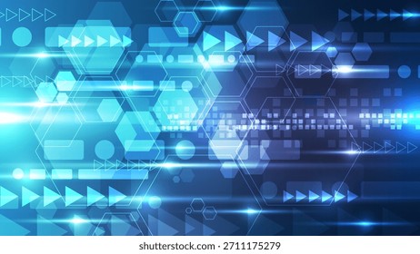Fondo de tecnología abstracta azul brillante con movimiento Horizontal dinámico, hexágonos brillantes, flechas y bloques digitales. Ideal para temas de datos de alta velocidad, seguridad futura y redes rápidas.