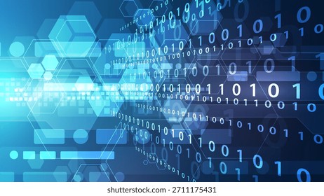 Fondo de tecnología abstracta azul brillante con código binario descendente 1s y 0s sobre Formas hexagonales geométricas brillantes. Ideal para big data, codificación, seguridad cibernética e información de alta velocidad.