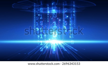 Bright blue abstract technology background featuring falling binary code (1s and 0s), a glowing central light, and high-speed data transmission lines. Ideal for big data, coding, cyber security themes