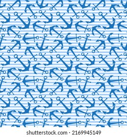 Bright blue anchors on a striped background. Nautical seamless pattern, print, ornament for textile and fabric. Vector illustration