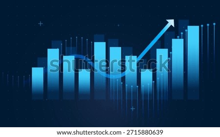 A bright blue arrow climbs over digital bars, symbolizing strong online business growth. Gradient columns form a futuristic chart, reflecting data‑driven decision‑making