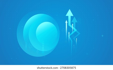 Hellblaue Pfeile ragen durch ein digitales Netz, das positive Finanztrends, steigende Investitionen und eine technologiegetriebene Marktexpansion repräsentiert. Glühende digitale Pfeile steigen nach oben.