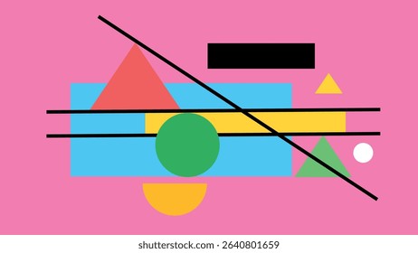 Bright blue backdrop with stacked green, red, and yellow shapes and intersecting black lines in a colorful abstract layout.