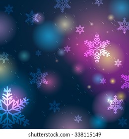 Bright blue background with bokeh and snowflakes, vector illustration
