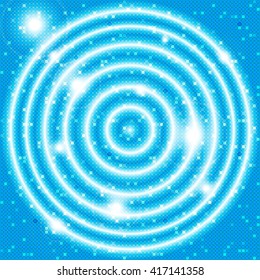 bright blue background of a circular mosaic with shiny rings and flashes of bright light. Vector illustration for design, decoration, presentations