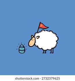 Bright blue background features a fluffy cartoon sheep carrying a red flag with a cross, a dotted Easter egg nearby. Cheerful, friendly farm image perfect for Easter, spring, family, and celebration themes.