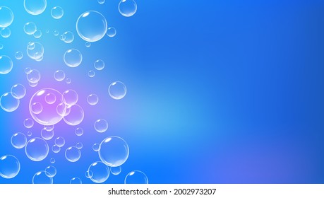 Bright blue background with fizzing bubbles. Fizzy air underwater. Vector realistic illustration.