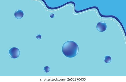 Fundo azul brilhante com bolhas flutuantes e linhas de onda. Design aquático moderno