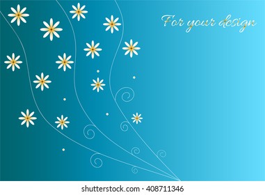 Bright blue background with flowers chamomiles. Vector background for text