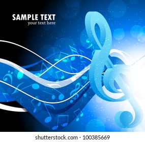Bright blue background with g-clef and waves