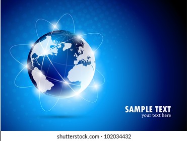 Bright blue background with  globe. 

FOOTAGE with this globe: http://footage.shutterstock.com/clip-2254375-stock-footage-blue-globe.html