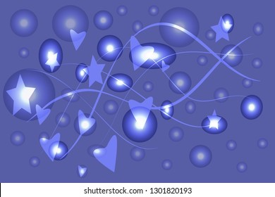 Bright blue background with glowing balls and circles, abstract hearts, stars and lines for use in design.Vector illustration.
