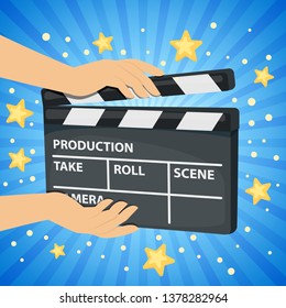 Bright blue background with hands holding movie clapper board. Vector
