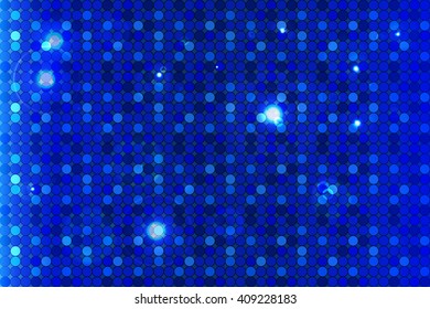 Bright blue background image with a round pixel grid, flares and flashes. Vector illustration. For use in printing, flyer design, wallpaper, presentations. 