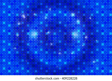 Bright blue background image with a round pixel grid, flares and flashes. Vector illustration. For use in printing, flyer design, wallpaper, presentations. 