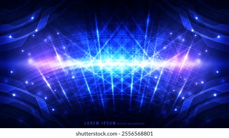 Bright blue background with light beams creates a glowing radiate of energy and motion. Subtle geometric shapes and sparkling elements are layered throughout the composition. Vector illustration