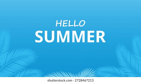 Un fondo azul brillante con hojas de palma azul claro y texto blanco que lee 'HOLA VERANO' en una fuente divertida y moderna, perfecta para saludos e invitaciones de verano