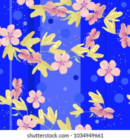 Bright blue background, pink and yellow flowers