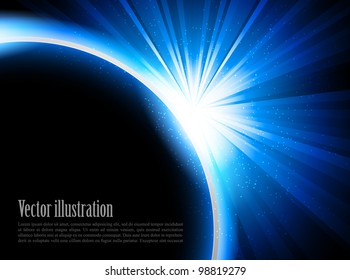 Bright blue background with rays and stars