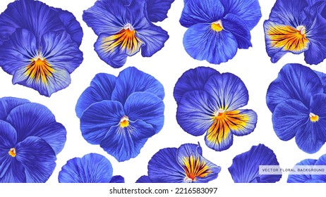 Bright blue background with realistic pansies flowers. Highly detailed hand-drawn vector florets for wallpapers, banners, social networks, personal blogs, prints for clothing, textiles