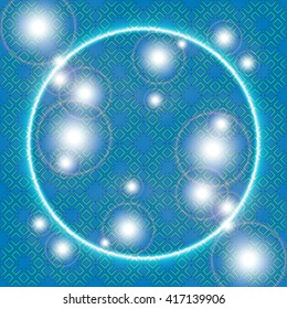 bright blue background  with shiny rings and flashes of bright light. Vector illustration for design, decoration, presentations
