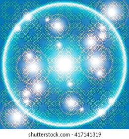 bright blue background  with shiny rings and flashes of bright light. Vector illustration for design, decoration, presentations
