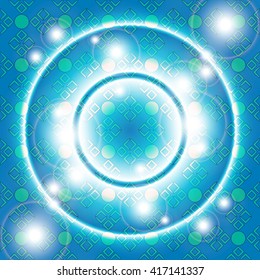 bright blue background  with shiny rings and flashes of bright light. Vector illustration for design, decoration, presentations