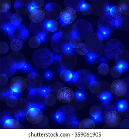 Bright blue background. Snowflakes and circles.