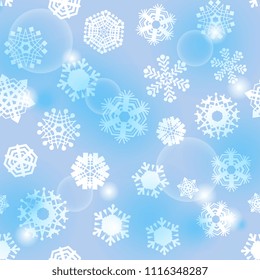 Bright blue background with snowflakes. Vector snowfall winter pattern. Snow falling illustration for Christmas design